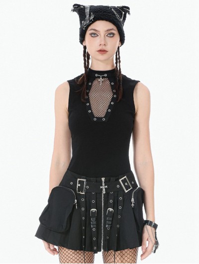 Dark in love Black Gothic Punk Coffin Mesh Panel Tank Top for Women