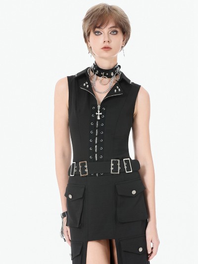 Dark in love Black Gothic Punk Studded Lace-Up Vest Top for Women