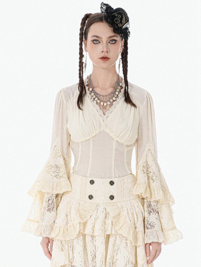 Dark in love Ivory Steampunk Gothic Lace Flare Sleeve Shirt for Women