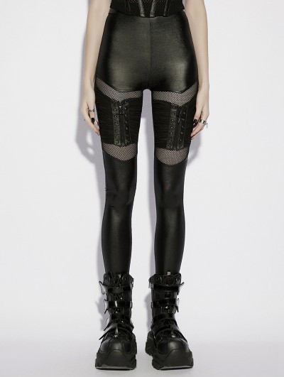 Punk Rave Black Gothic Punk Pleated Mesh Splicing Leggings for Women