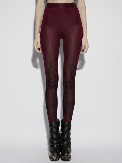 Punk Rave Red Gothic Church Skull Printed Leggings for Women