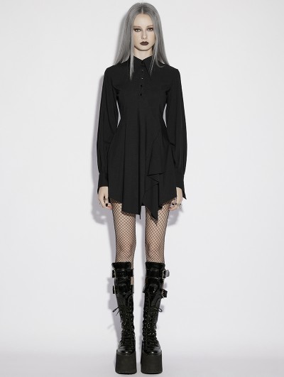 Punk Rave Black Gothic Asymmetrical Lantern Sleeve Short Shirt Dress