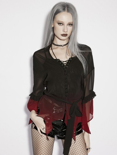 Punk Rave Black and Red Gothic Chiffon Gradient Loose Ruffle Shirt for Women