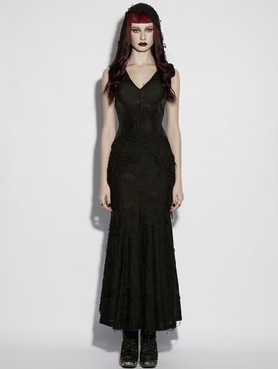 Punk Rave Black Gothic Decadent Rose Hooded Sleeveless Fishtail Long Dress
