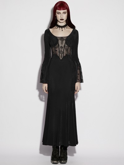 Punk Rave Black Gothic Velvet Hollow Fared Sleeve Long Fishtail Dress