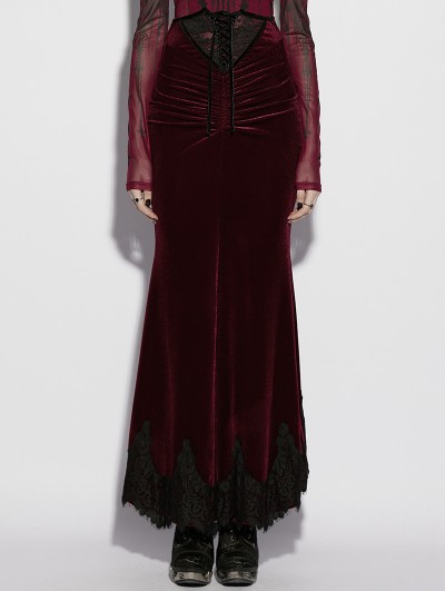 Punk Rave Red Gothic High Waist Ruched Velvet Fishtail Skirt