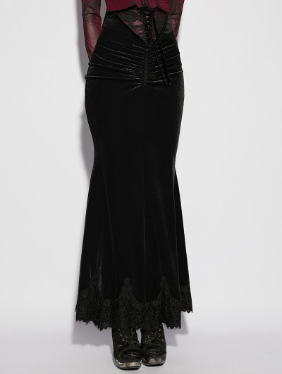 Punk Rave Black Gothic High Waist Ruched Velvet Fishtail Skirt