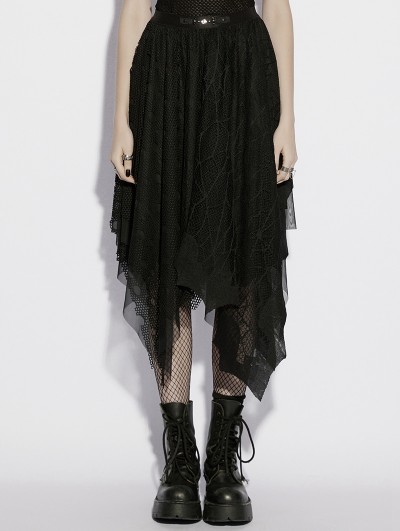 Punk Rave Black Gothic Irregular Bat Mesh Layered Midi Skirt