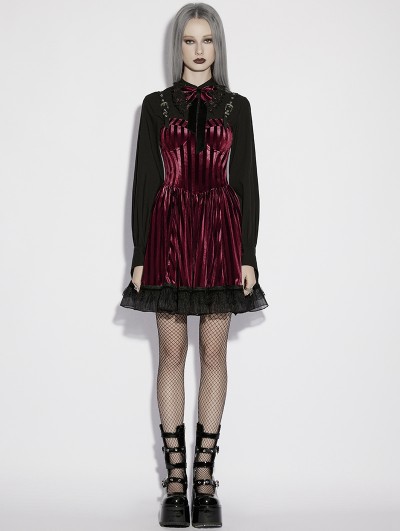 Punk Rave Red Gothic Striped Velvet Short Dress with Detachable Bow