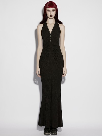 Punk Rave Black Gothic Jacquard Halter Neck Fishtail Maxi Dress