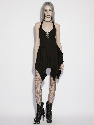 Punk Rave Black Gothic Irregular Halter Tie-Back Short Dress