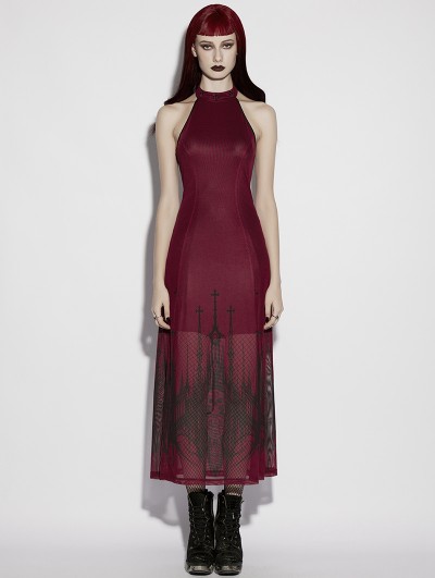 Punk Rave Red Gothic Church Skull Print Mesh Halter Long Dress