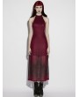 Punk Rave Red Gothic Church Skull Print Mesh Halter Long Dress