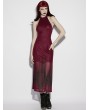 Punk Rave Red Gothic Church Skull Print Mesh Halter Long Dress