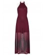 Punk Rave Red Gothic Church Skull Print Mesh Halter Long Dress
