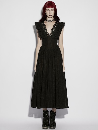 Punk Rave Black Gothic Romantic Sexy Deep V-Neck Flutter Sleeve Long Dress