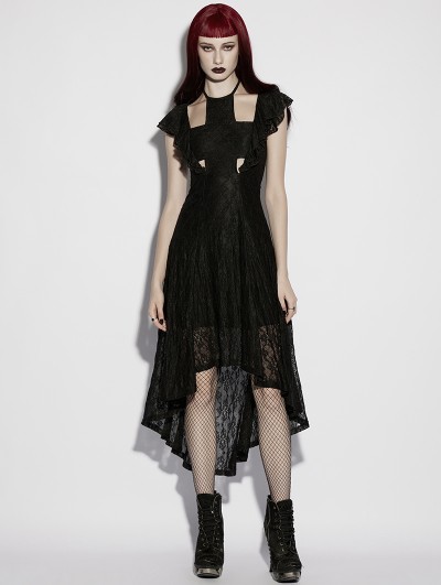 Punk Rave Black Gothic Cross Flutter Sleeve Lace High-Low Dress