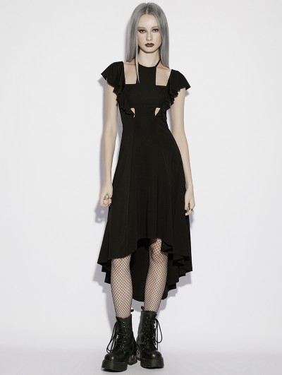 Punk Rave Black Gothic Cross Flutter Sleeve Knitted High-Low Dress