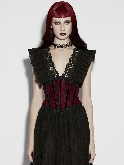 Punk Rave Red Gothic Embroidery Lace Spiked Corset Waistband