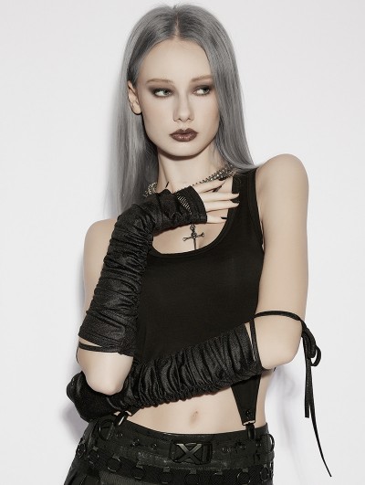 Punk Rave Black Gothic Wasteland Ruched Rivet Strap Gloves