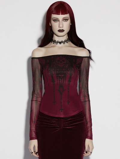Punk Rave Red Gothic Church Skull Print Off Shoulder T-Shirt for Women