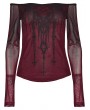 Punk Rave Red Gothic Church Skull Print Off Shoulder T-Shirt for Women