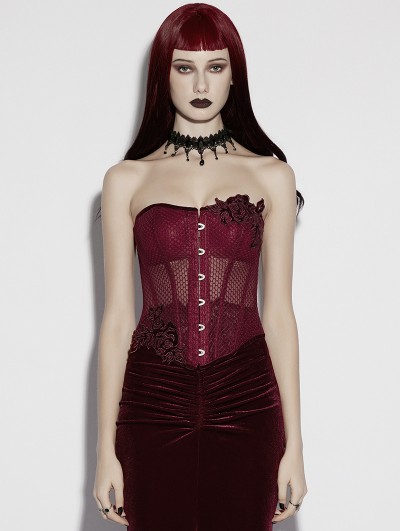 Punk Rave Red Gothic Rose Applique Mesh Corset Top for Women