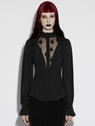 Punk Rave Black Gothic Daily Lace Spliced Shirt for Women