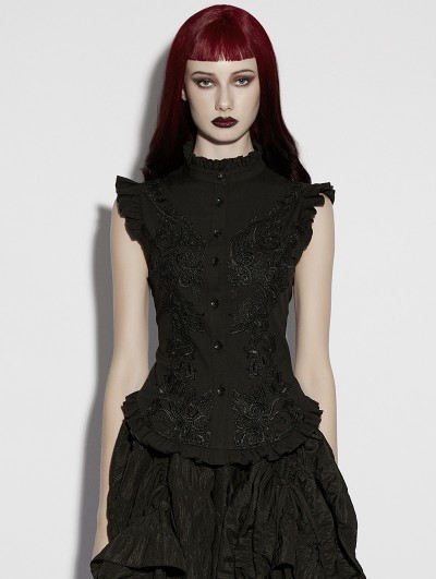Punk Rave Black Gothic Embroidered Lace Stand Collar Shirt for Women