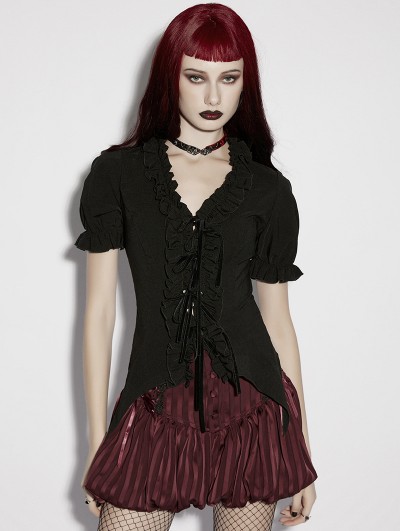 Punk Rave Black Gothic Daily Irregular Ruffle Tie-Up Short Sleeve Shirt for Women