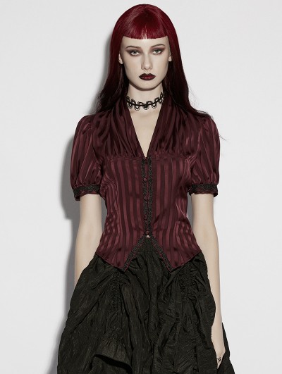 Punk Rave Red Gothic Striped V-neck Short Puff Sleeve Shirt for Women