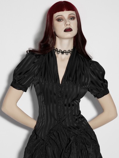 Punk Rave Black Gothic Striped V-neck Short Puff Sleeve Shirt for Women