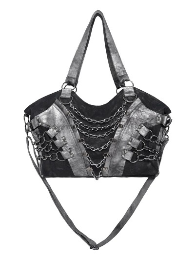 Devil Fashion Black Gothic Punk Panelled Shoulder Bag with Chain
