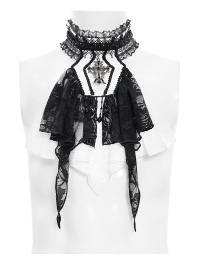 Devil Fashion Black and White Retro Gothic Coffin Embroidered Lace Jabot
