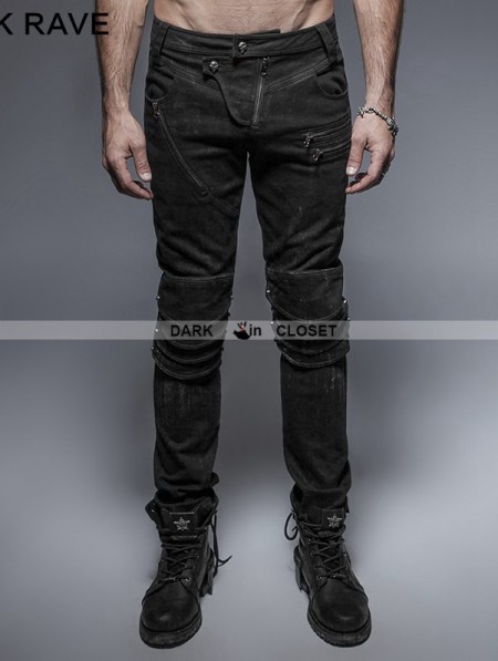 Punk Rave Black Gothic Punk Armor Knee Jeans for Man - DarkinCloset.com