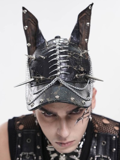 Devil Fashion Black Gothic Punk Spike Studded Ear Hat with Chain