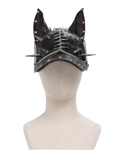 Devil Fashion Black Gothic Punk Spike Studded Ear Hat with Chain