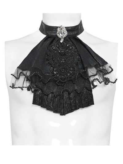 Devil Fashion Black Victorian Gothic Lace Embroidery Beaded Jabot