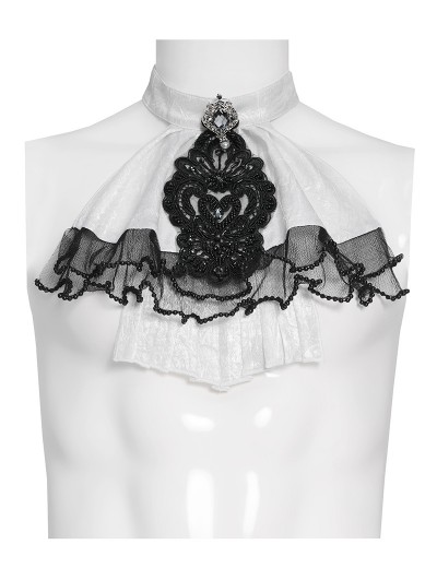 Devil Fashion White and Black Victorian Gothic Lace Embroidery Beaded Jabot