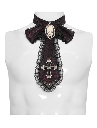 Devil Fashion Black and Red Retro Gothic Cross Embroidery Lace Bow Tie