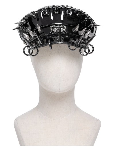 Devil Fashion Black Gothic Punk Spiked Leather Hat with Rings