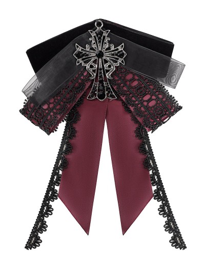 Devil Fashion Black and Red Gothic Retro Embroidered Lace Applique Bow Tie
