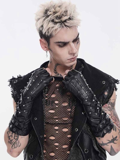 Devil Fashion Black Gothic Punk Studded Leather Gloves for Men