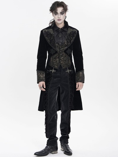 Devil Fashion Black and Gold Brocade Retro Gothic Velvet Tailcoat for Men