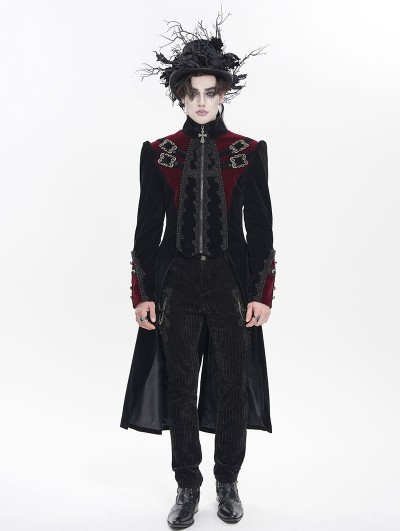 Devil Fashion Black and Red Gothic Vintage Embroidered Velvet Tailcoat for Men