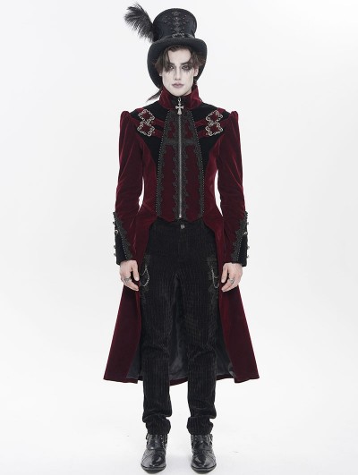 Devil Fashion Red and Black Gothic Vintage Embroidered Velvet Tailcoat for Men