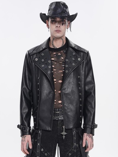 Devil Fashion Black Gothic Punk Asymmetric Zip Eyelet Lapel Jacket for Men