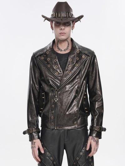 Devil Fashion Brown Gothic Punk Asymmetric Zip Eyelet Lapel Jacket for Men