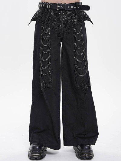 Devil Fashion Black Gothic Punk Studded Chain Wide Leg Pants for Men