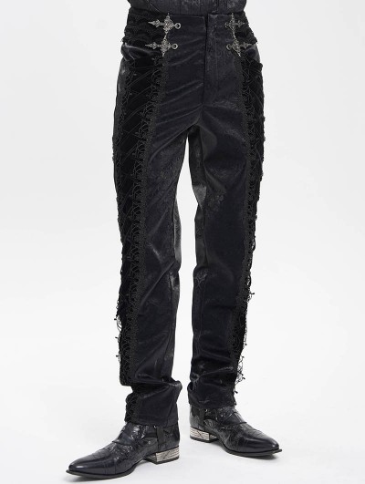 Devil Fashion Black Retro Gothic Embroidery Velvet Panel Pants for Men